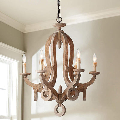 Traditional Rustic Candlestick Wood Glass 6-Light Chandeliers For Living Room
