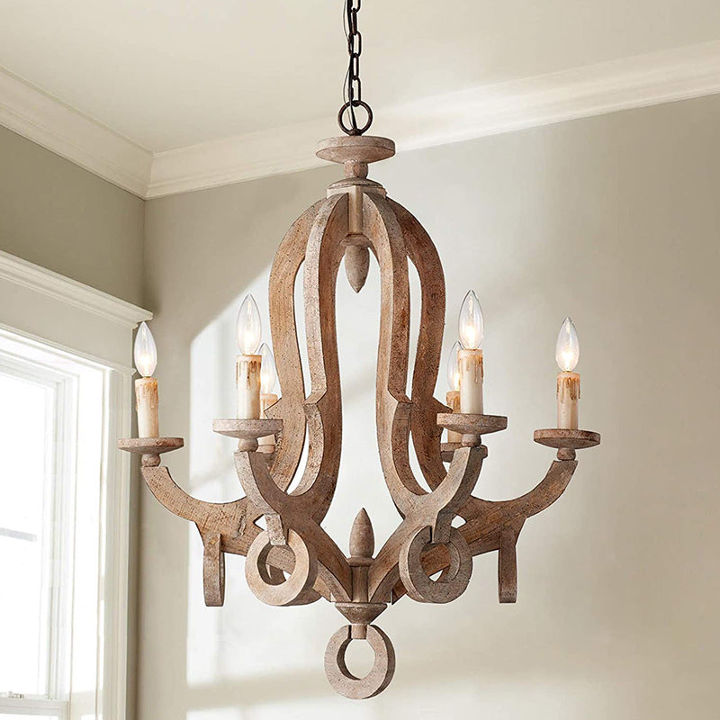 Traditional Rustic Candlestick Wood Glass 6-Light Chandeliers For Living Room