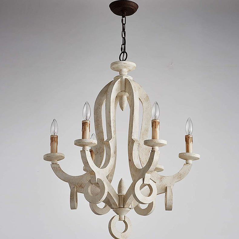 Traditional Rustic Candlestick Wood Glass 6-Light Chandeliers For Living Room