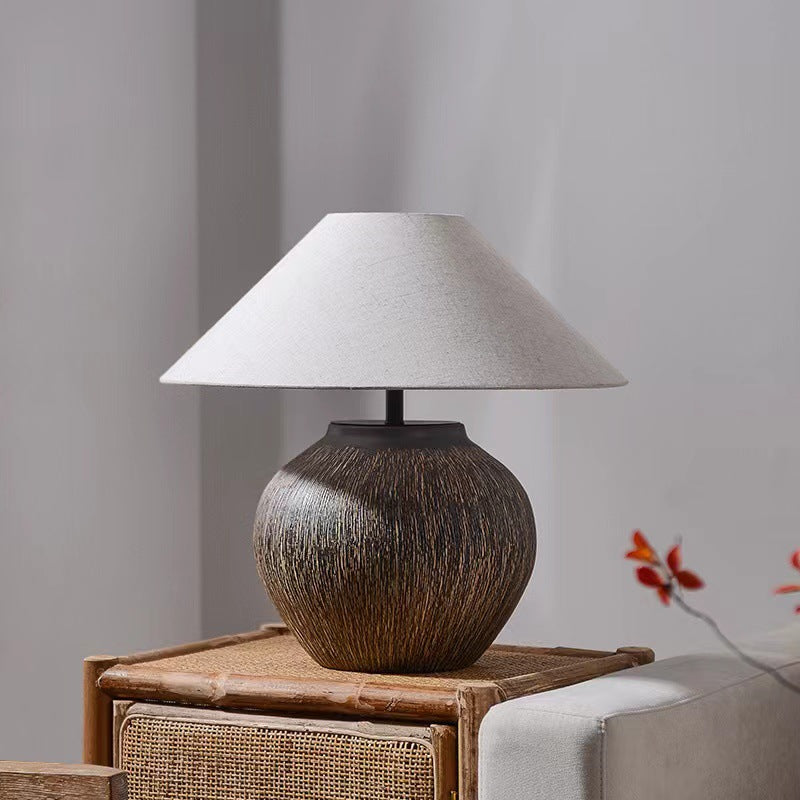 Traditional Japanese Drum Iron Ceramic Fabric 1-Light Table Lamp For Living Room