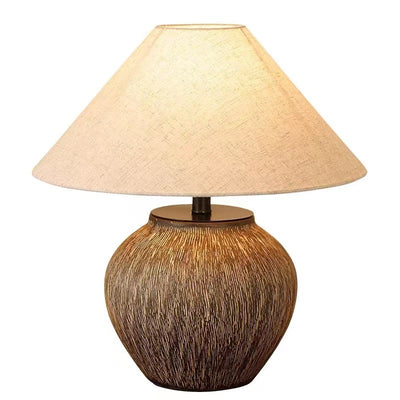 Traditional Japanese Drum Iron Ceramic Fabric 1-Light Table Lamp For Living Room