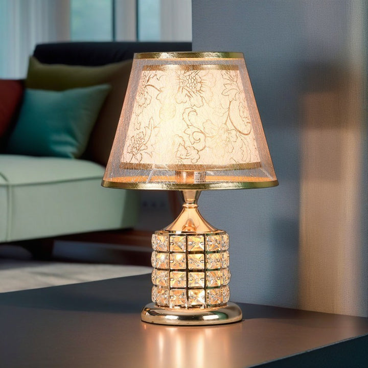 Zeitgenössische Luxus-Trommel-Eisen-Kristall-Stoff 1-Licht Tischlampe für Wohnzimmer 