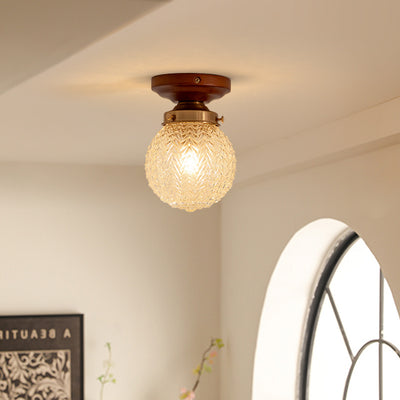Traditional Vintage Globe Wood Glass 1-Light Semi-Flush Mount Ceiling Light For Living Room