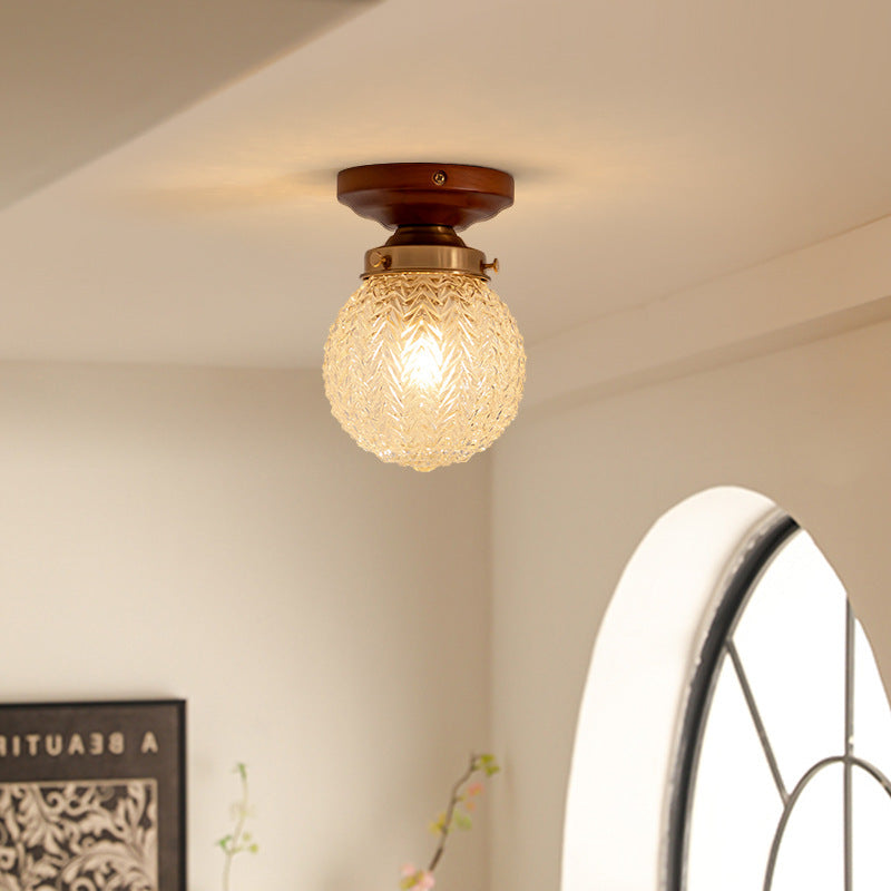 Traditional Vintage Globe Wood Glass 1-Light Semi-Flush Mount Ceiling Light For Living Room