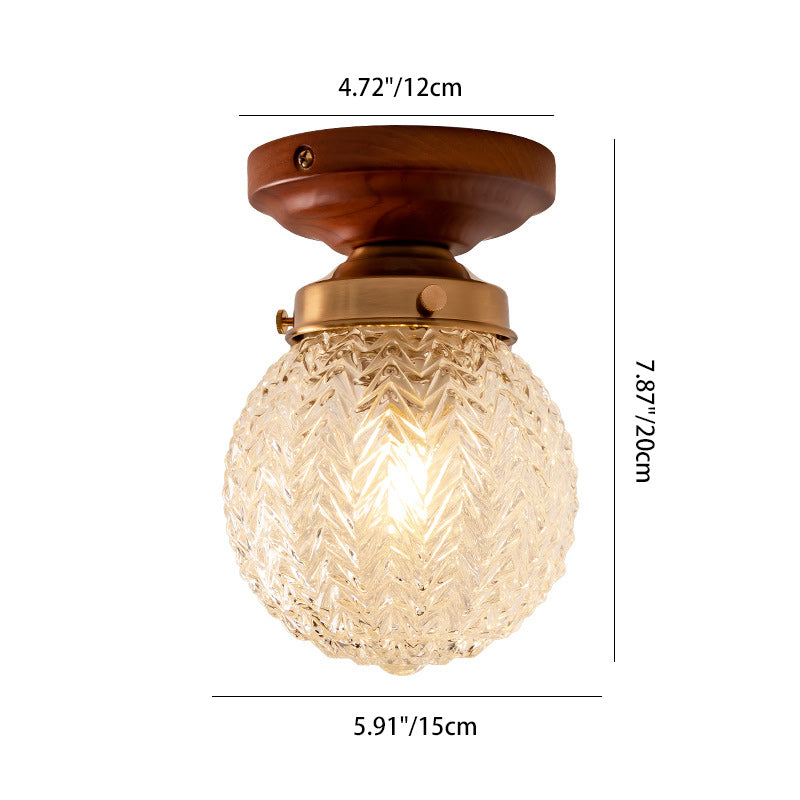 Traditional Vintage Globe Wood Glass 1-Light Semi-Flush Mount Ceiling Light For Living Room
