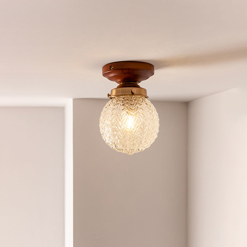 Traditional Vintage Globe Wood Glass 1-Light Semi-Flush Mount Ceiling Light For Living Room