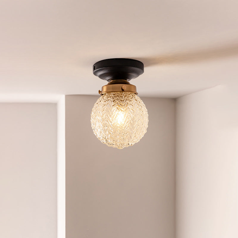 Traditional Vintage Globe Wood Glass 1-Light Semi-Flush Mount Ceiling Light For Living Room