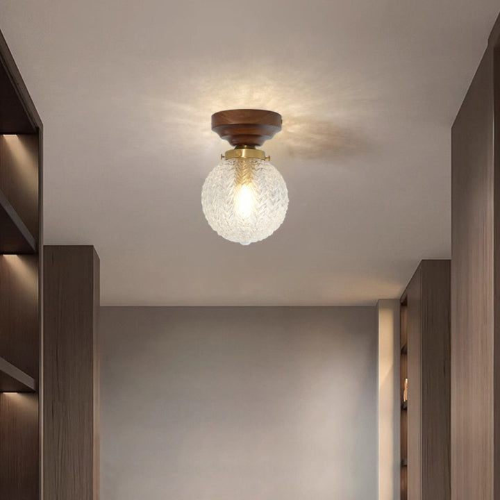 Globe Vintage Traditionnel en Bois et Verre 1-Lumière Plafonnier Semi-Encastré Pour Salon 