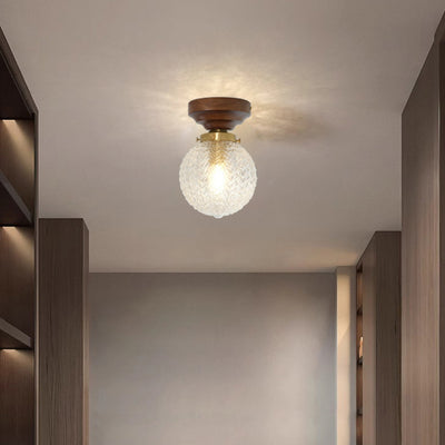 Traditional Vintage Globe Wood Glass 1-Light Semi-Flush Mount Ceiling Light For Living Room
