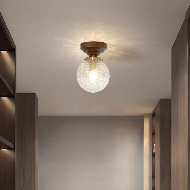 Traditional Vintage Globe Wood Glass 1-Light Semi-Flush Mount Ceiling Light For Living Room