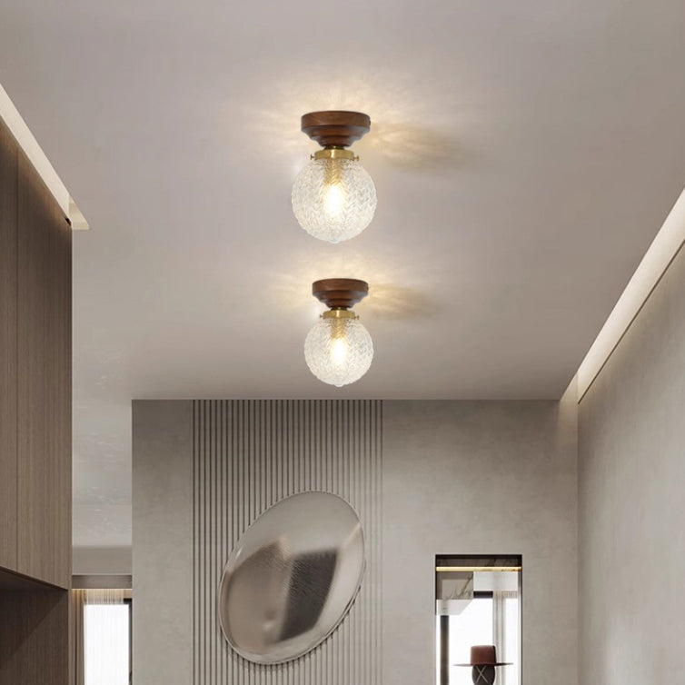 Traditional Vintage Globe Wood Glass 1-Light Semi-Flush Mount Ceiling Light For Living Room