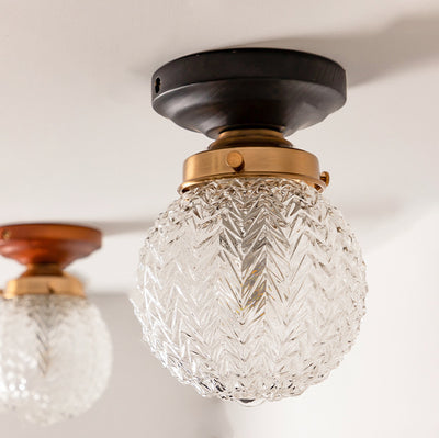 Traditional Vintage Globe Wood Glass 1-Light Semi-Flush Mount Ceiling Light For Living Room