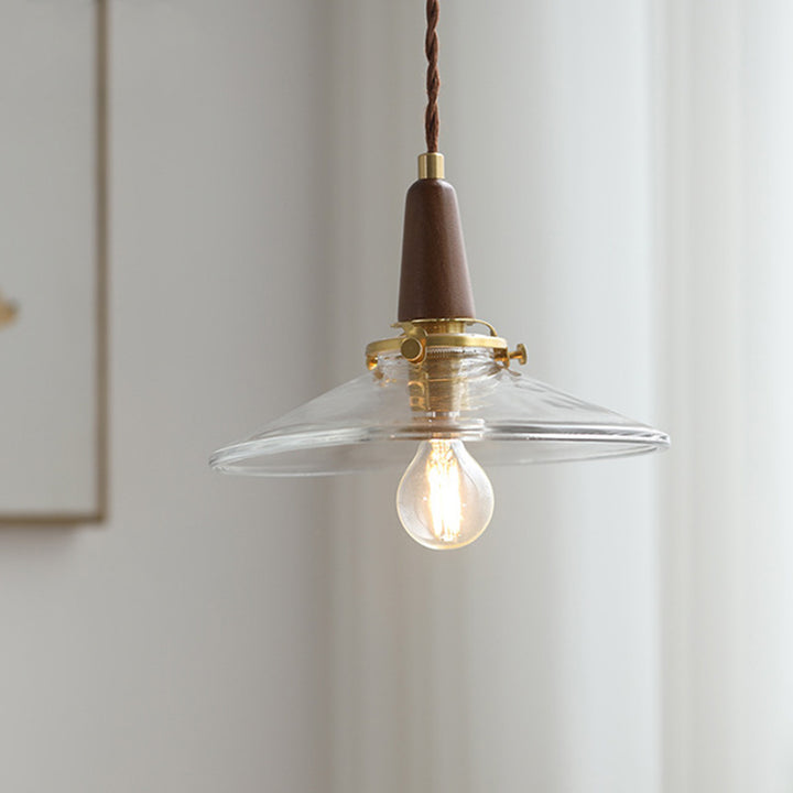 Lustre suspendu contemporain nordique en bois rond fer verre 1 lumière pour salon 