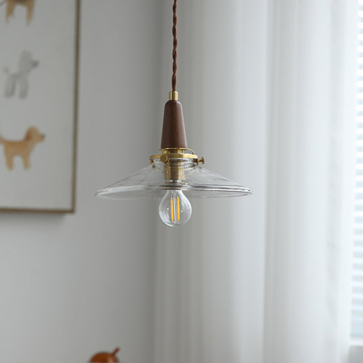 Lustre suspendu contemporain nordique en bois rond fer verre 1 lumière pour salon 