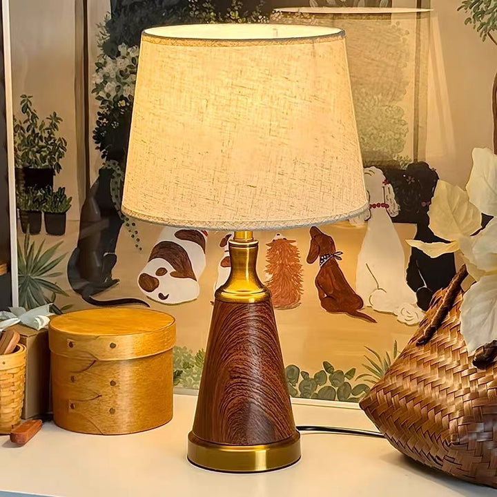 Traditionelle Vintage-Trommel Holz Eisen Stoff 1-Licht Tischlampe für das Wohnzimmer 