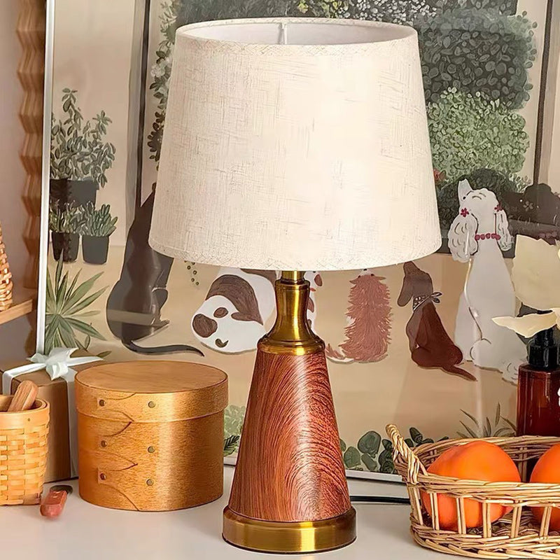 Traditionelle Vintage-Trommel Holz Eisen Stoff 1-Licht Tischlampe für das Wohnzimmer 
