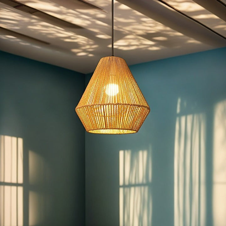 Traditionelle Vintage Runde Eisen Rattan 1-Licht Pendelleuchte Für Wohnzimmer 
