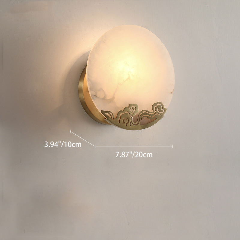 Applique murale en cuivre rond en pierre chinoise traditionnelle à 1 lumière pour salon 