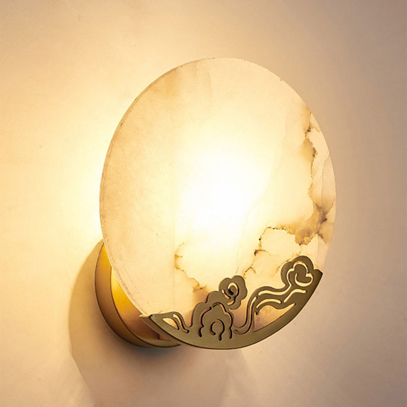 Applique murale en cuivre rond en pierre chinoise traditionnelle à 1 lumière pour salon 