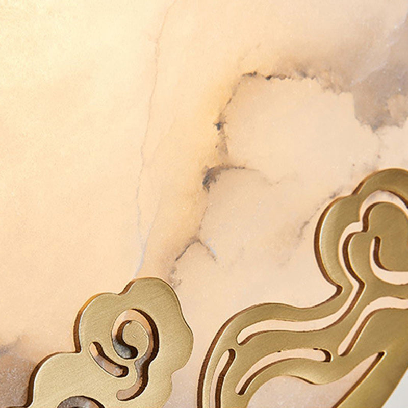 Applique murale en cuivre rond en pierre chinoise traditionnelle à 1 lumière pour salon 