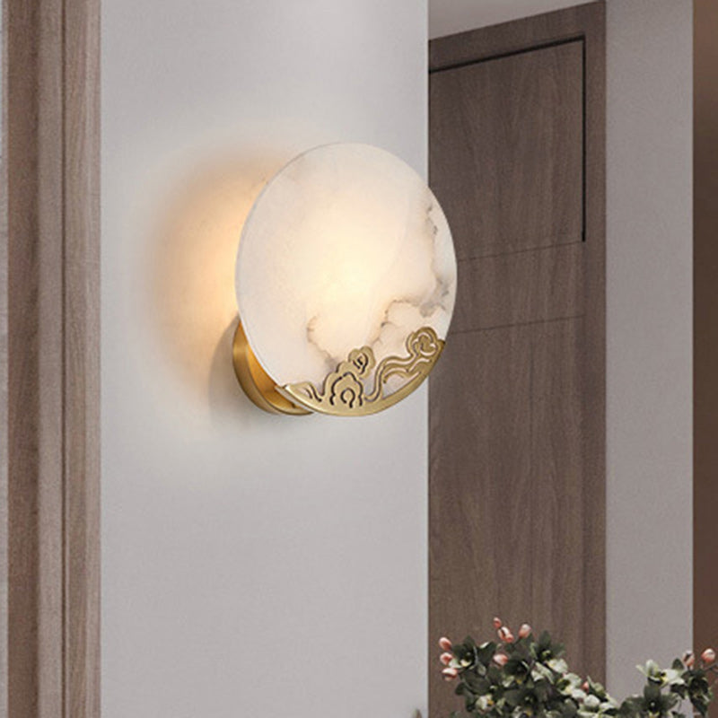 Applique murale en cuivre rond en pierre chinoise traditionnelle à 1 lumière pour salon 
