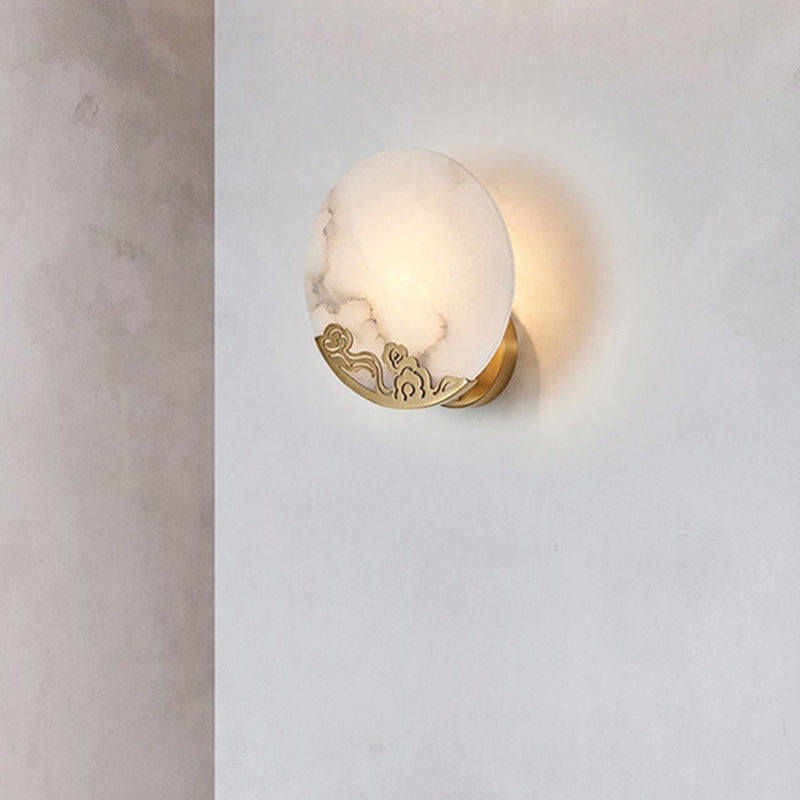 Applique murale en cuivre rond en pierre chinoise traditionnelle à 1 lumière pour salon 