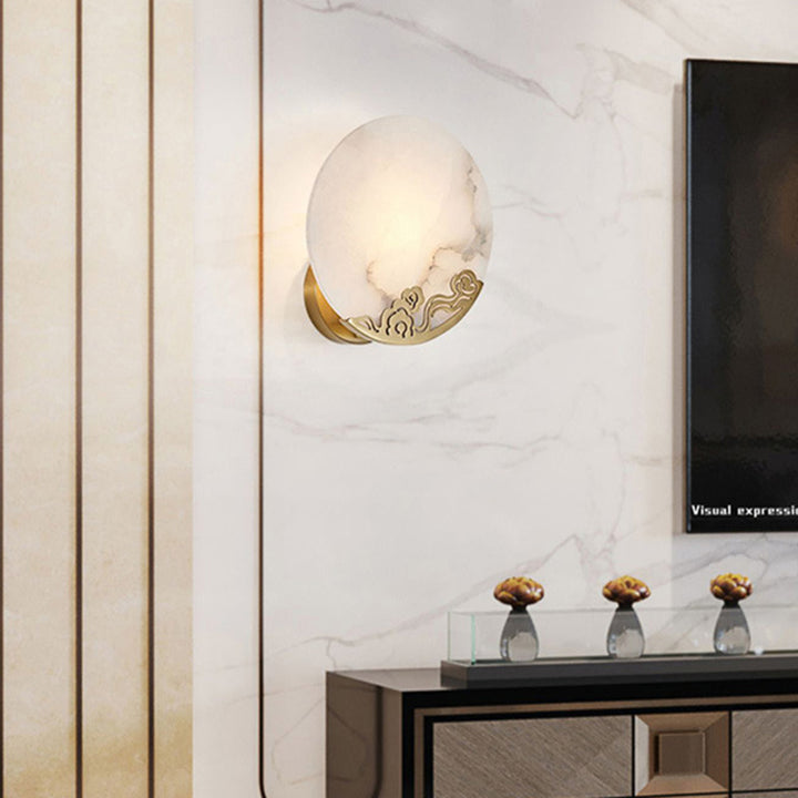 Traditional Chinese Round Copper Stone 1-Light Wall Sconce Lamp For Living Room