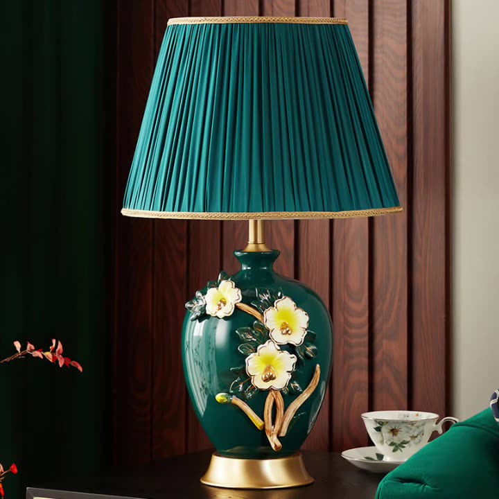Lampe de table en céramique et cuivre avec tissu de tambour chinois traditionnel pour salon 