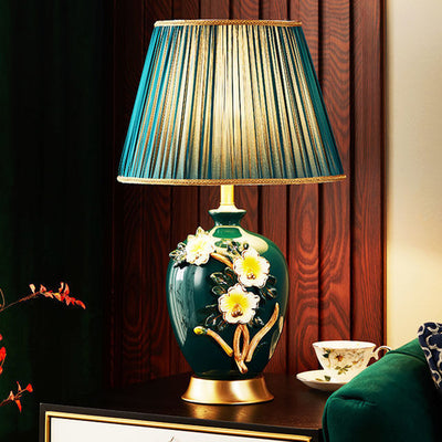 Lampe de table en céramique et cuivre avec tissu de tambour chinois traditionnel pour salon 