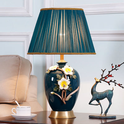 Lampe de table en céramique et cuivre avec tissu de tambour chinois traditionnel pour salon 