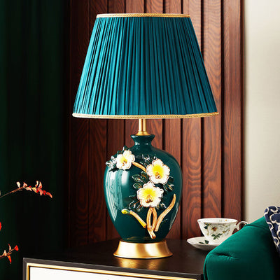 Lampe de table en céramique et cuivre avec tissu de tambour chinois traditionnel pour salon 