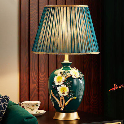 Lampe de table en céramique et cuivre avec tissu de tambour chinois traditionnel pour salon 