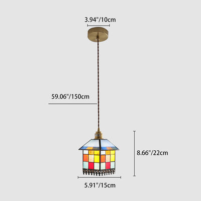 Traditional Japanese Rectangular Copper Glass 1-Light Pendant Light For Living Room
