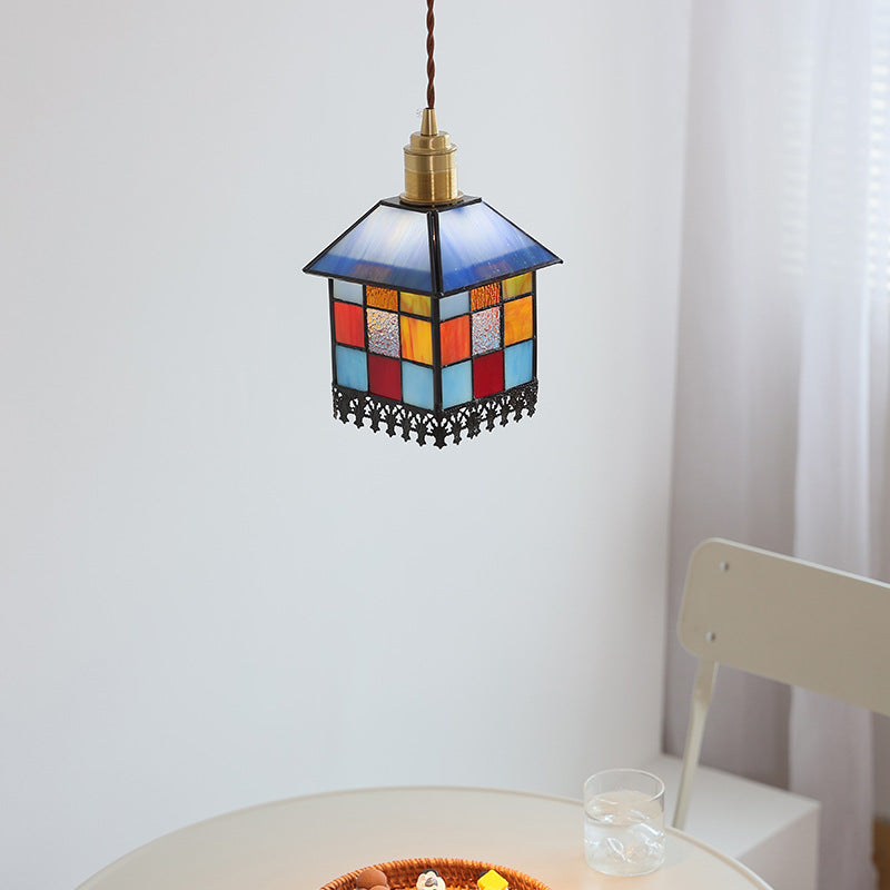 Traditional Japanese Rectangular Copper Glass 1-Light Pendant Light For Living Room