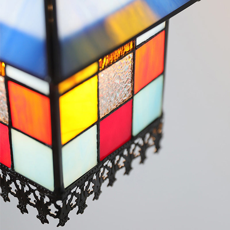 Traditional Japanese Rectangular Copper Glass 1-Light Pendant Light For Living Room