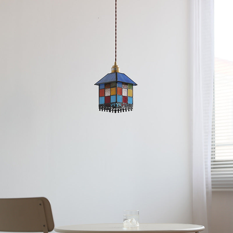 Traditional Japanese Rectangular Copper Glass 1-Light Pendant Light For Living Room