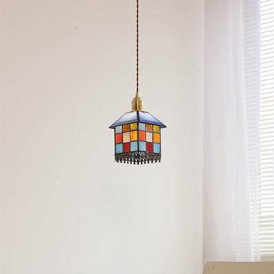 Traditional Japanese Rectangular Copper Glass 1-Light Pendant Light For Living Room