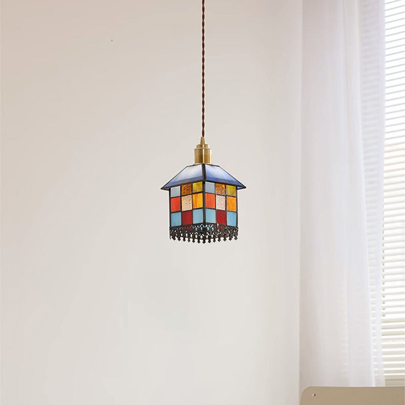 Traditional Japanese Rectangular Copper Glass 1-Light Pendant Light For Living Room