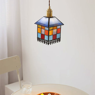 Traditional Japanese Rectangular Copper Glass 1-Light Pendant Light For Living Room