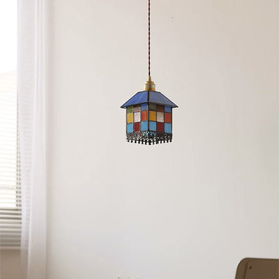Traditional Japanese Rectangular Copper Glass 1-Light Pendant Light For Living Room