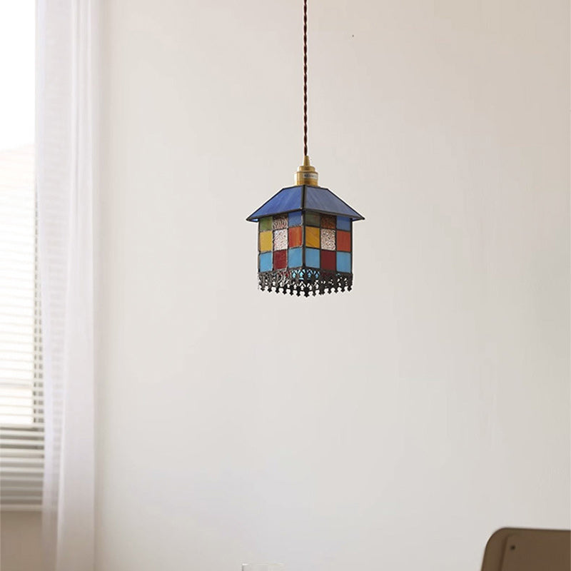 Traditional Japanese Rectangular Copper Glass 1-Light Pendant Light For Living Room
