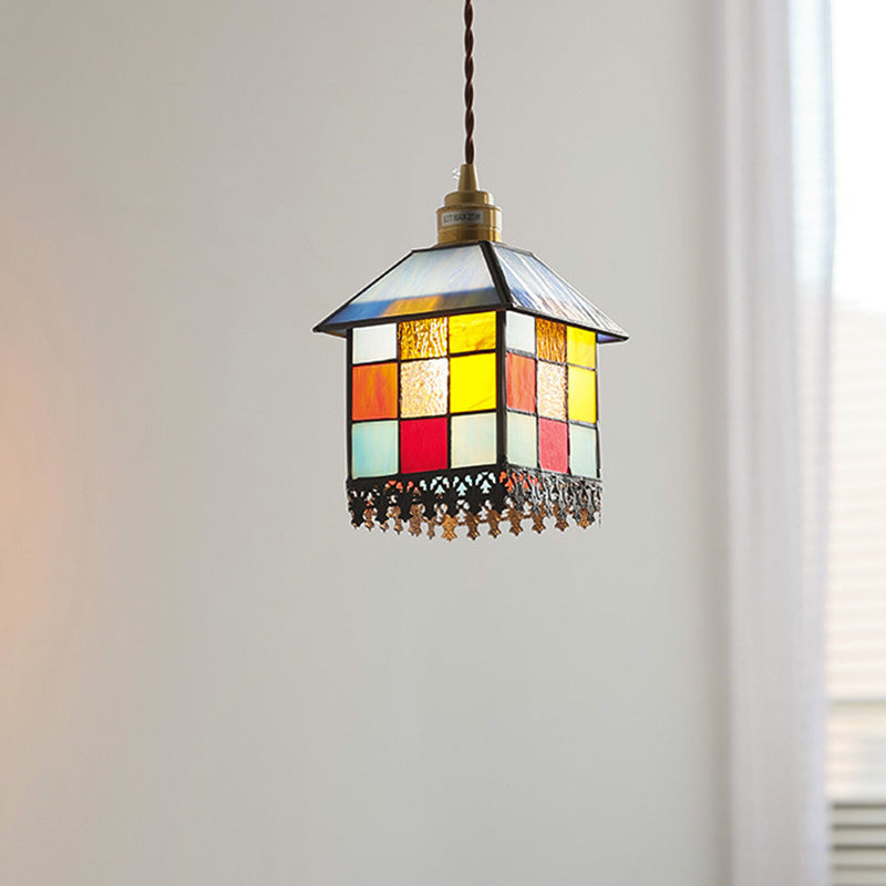 Traditional Japanese Rectangular Copper Glass 1-Light Pendant Light For Living Room