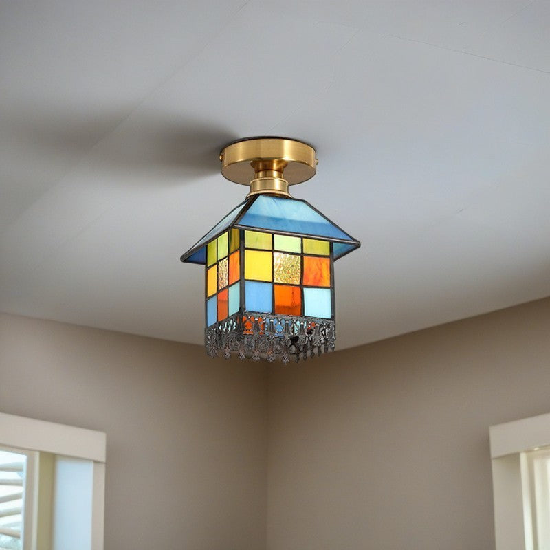 Traditional Japanese Rectangular Copper Glass 1-Light Semi-Flush Mount Ceiling Light For Living Room