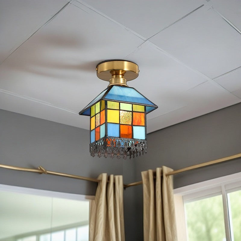 Traditional Japanese Rectangular Copper Glass 1-Light Semi-Flush Mount Ceiling Light For Living Room