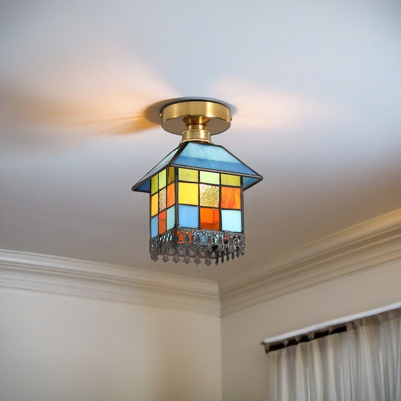 Traditional Japanese Rectangular Copper Glass 1-Light Semi-Flush Mount Ceiling Light For Living Room