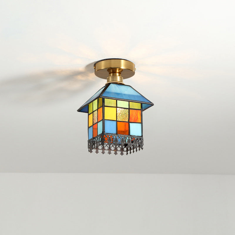 Traditional Japanese Rectangular Copper Glass 1-Light Semi-Flush Mount Ceiling Light For Living Room