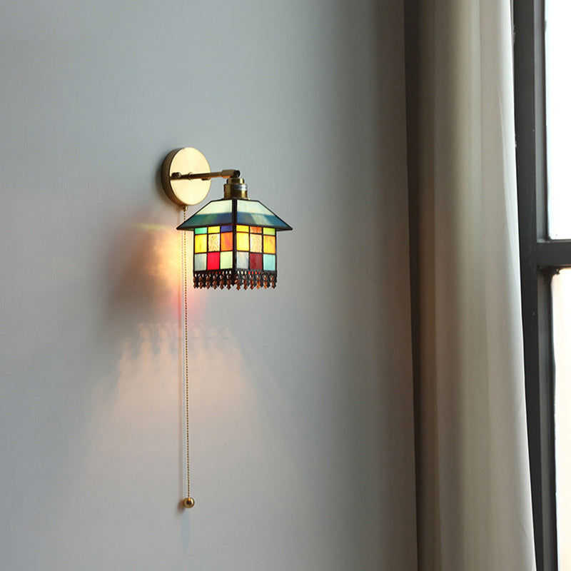 Traditional Japanese Rectangular Copper Glass 1-Light Wall Sconce Lamp For Living Room