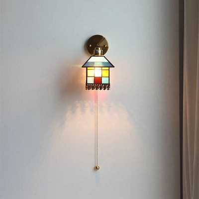 Traditional Japanese Rectangular Copper Glass 1-Light Wall Sconce Lamp For Living Room