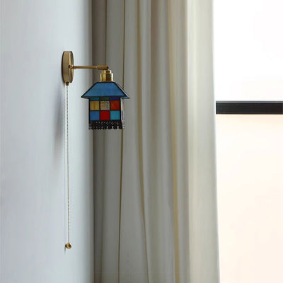 Traditional Japanese Rectangular Copper Glass 1-Light Wall Sconce Lamp For Living Room