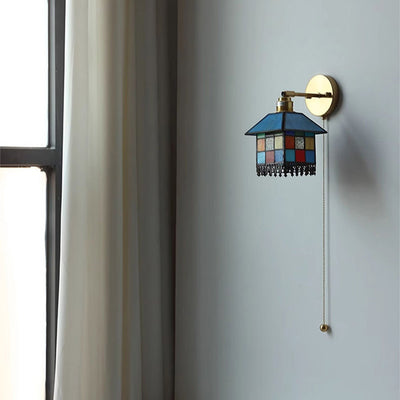 Traditional Japanese Rectangular Copper Glass 1-Light Wall Sconce Lamp For Living Room